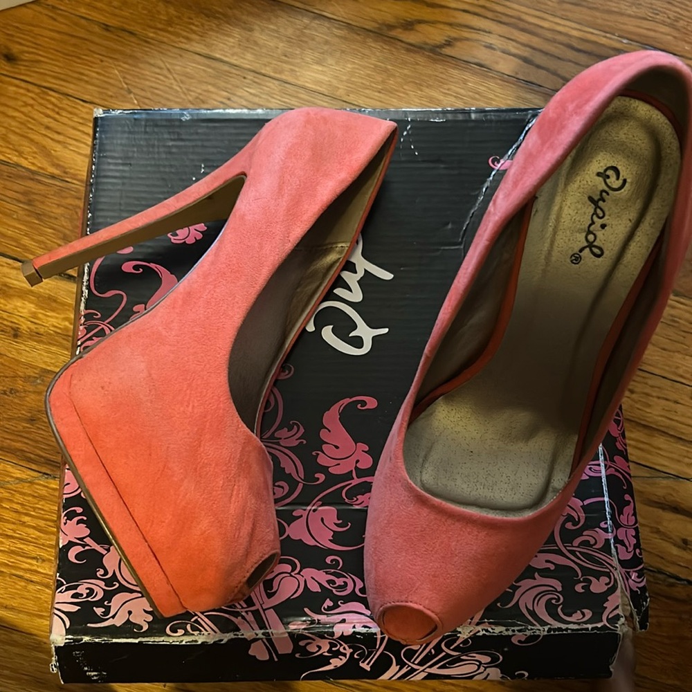 Coral suede peep toe heels